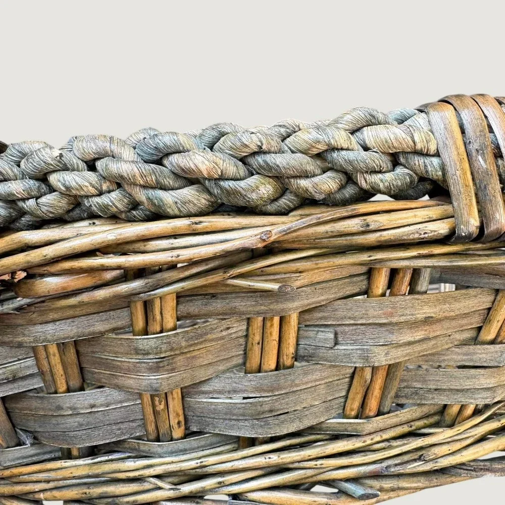 Rustic Woven Wicker Basket with Braided Vine Rim and Wooden Handles Oval Tray